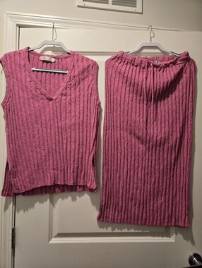 Free People Veda Sweater Ribbed Set Tank Skirt Pink - Size L